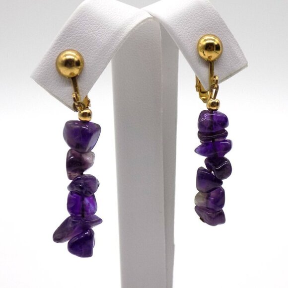 Vintage Genuine Amethyst Nuggets Dangle Drop Earrings Gold-tone Clip On - Picture 1 of 8